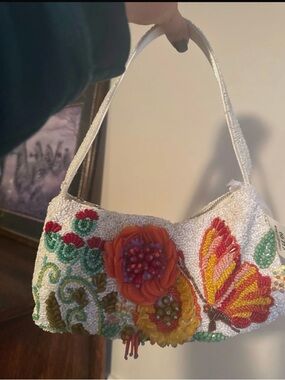 Beaded White Shoulder Bag with Colorful Floral & Butterfly Applique
